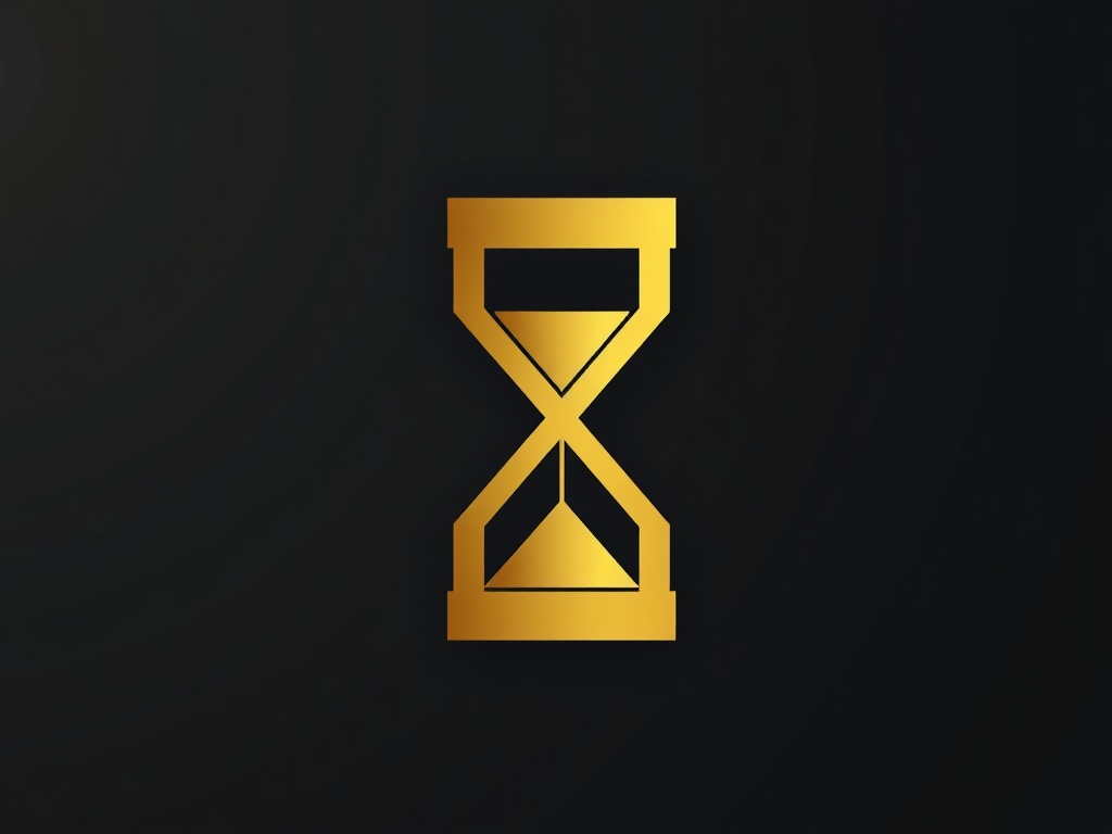 Abstract geometric logo icon: interlocking shapes forming a 'T' and an hourglass, gold gradient, dark background, 8k